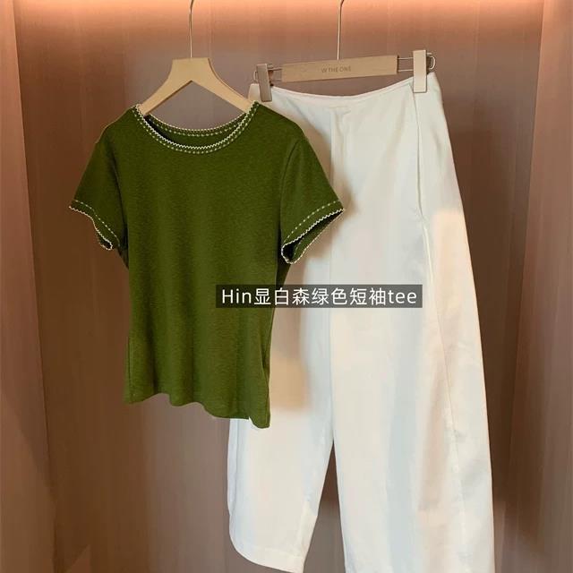 2026 Summer New Ultra-Slimming Forest Green Color-Blocking Embroidered Round-Neck Short-Sleeve Stretch Slim-Fit T-Shirt for Women 2026 Summer New Ultra-Slimming Forest Green Color-Blocking Embroidered Round-Neck Short-Sleeve Stretch Slim-Fit T-Shirt for Women