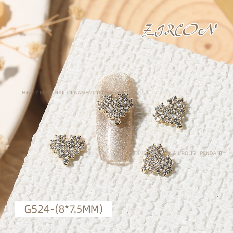 Internet Celebrity full Diamond Love circón Luz de lujo joyería de uñas perla colgante de metal en forma de corazón diamante oro plata fototerapia Decoración