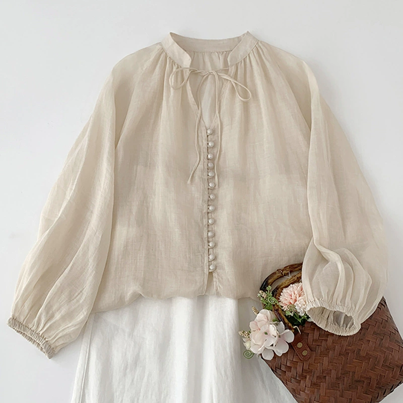 2025 хлопчатобумажные и льняные однорядные пуговицы с резинными рукавами маленькая рубашка женская фонарь рукава свободная маленькая пуговица солнцезащитный крем