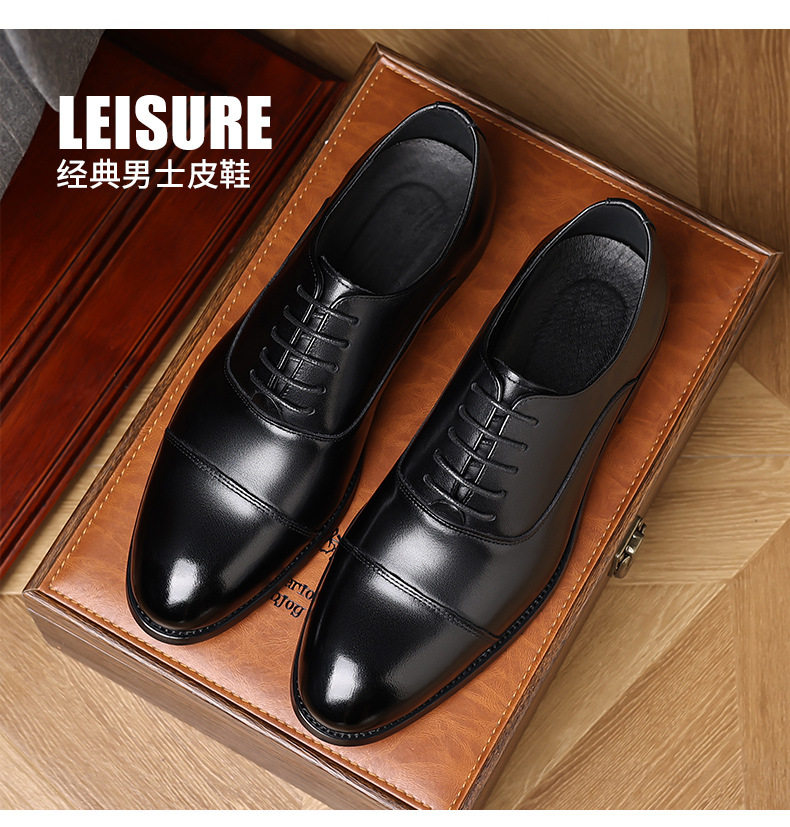 Giày da nam công sở da bò lớp đầu buộc dây mũi nhọn gót gỗ — Màu nâu đậm, màu đen chi tiết 17