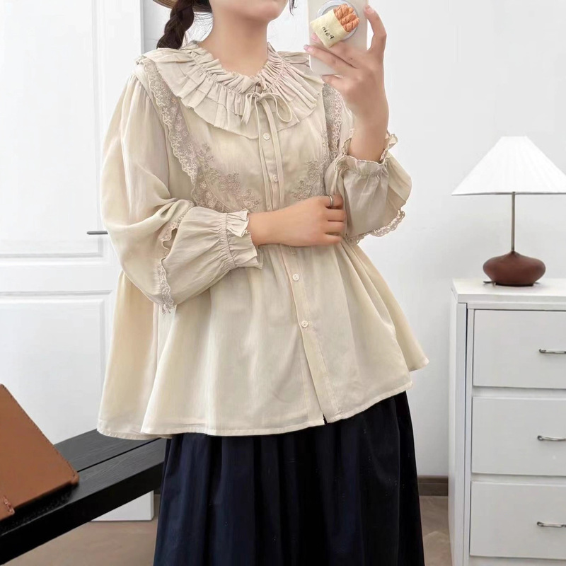 Embroidered Lace Splicing Long-Sleeved Shirt 2025 Literary Forest Style Collar Design Versatile Loose Cardigan Top