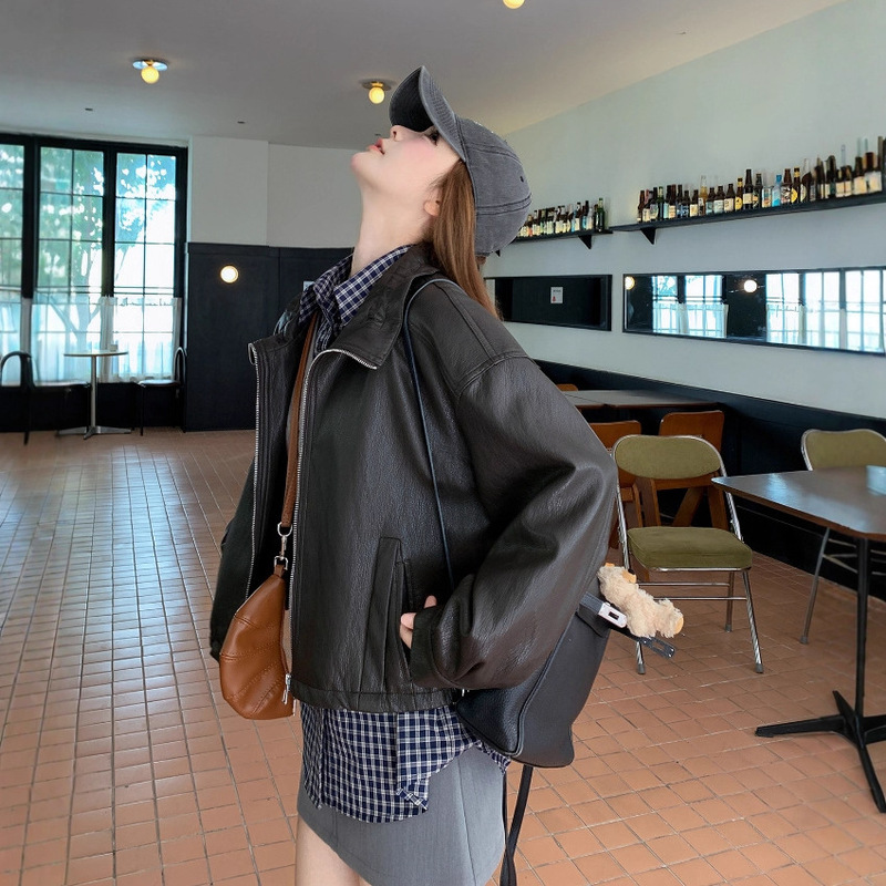 咖色皮衣外套女秋季2025新款美式复古百搭小个子炸街独特短款夹克|undefined