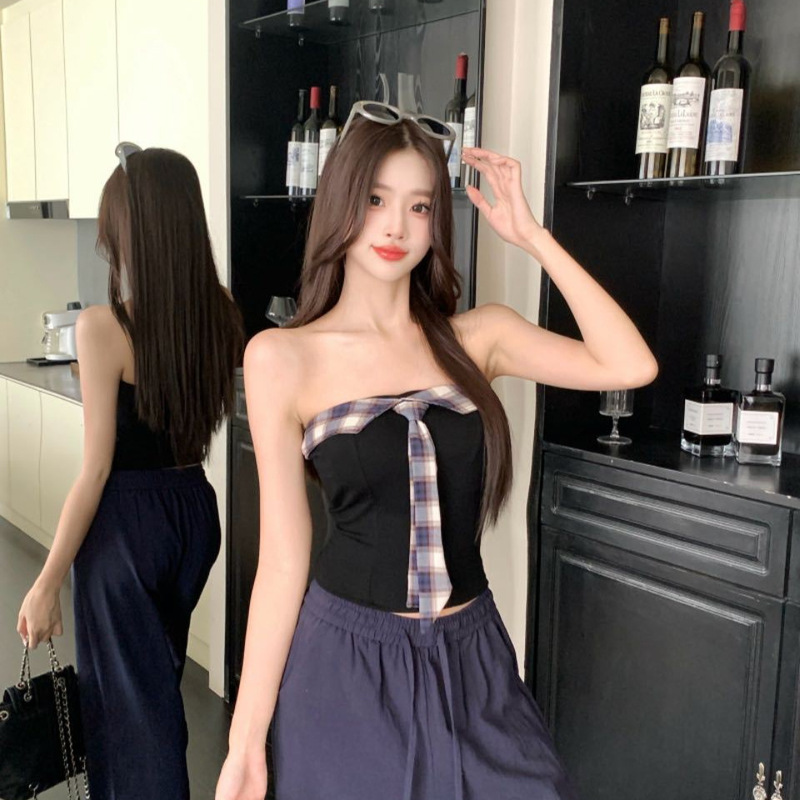 Sexy Hot Style Beautiful Back Vest Hot Girl Plaid Tie Splicing Tube Top Age-Reducing Short Slim Fit with Breast Pads