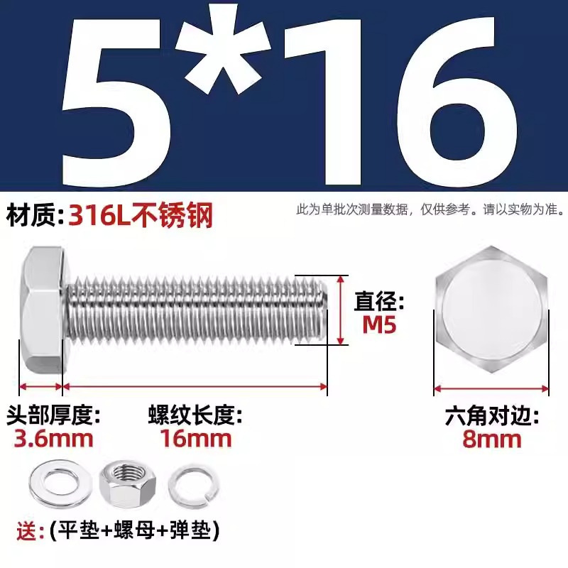 316L acero inoxidable perno hexagonal macho conjunto de tuerca de tornillo conjunto de cojín elástico plano completo M6M8M10M12-M20 image 31
