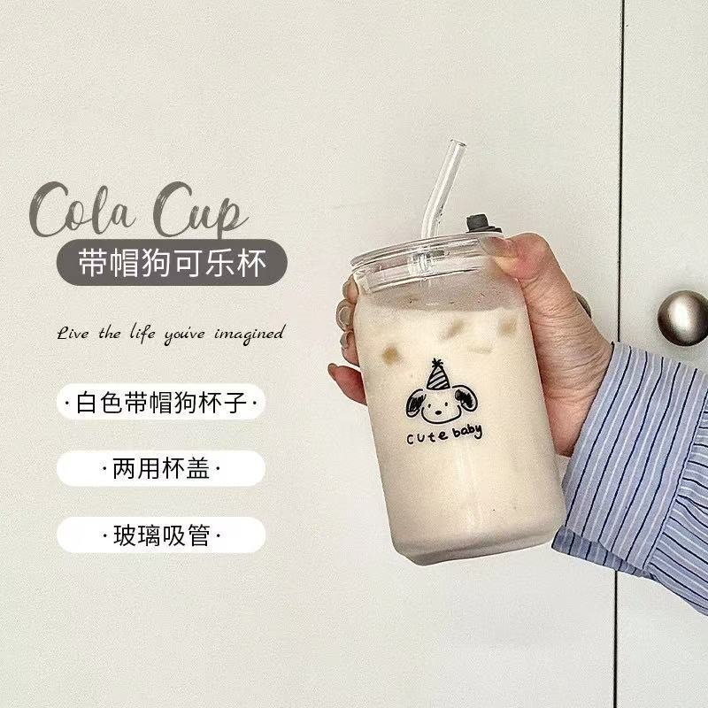 Fábrica directa de ventas en línea ins taza de paja de vidrio de ventana simple escala de dibujos animados taza de leche de alto boro con taza de vidrio cubierta