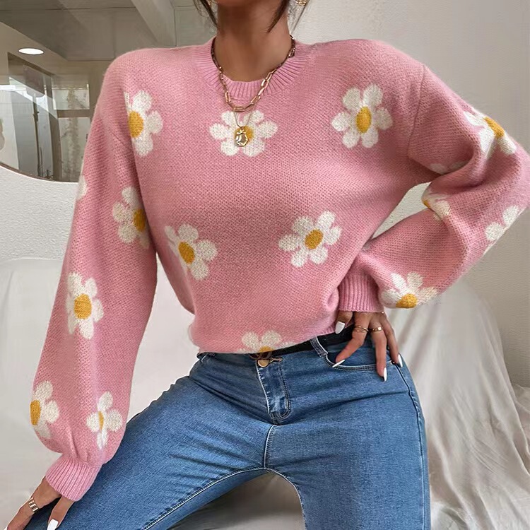 アマゾンのクロスボーダーの外国貿易の花のニットの女性の上着の長袖の秋冬の欧米の新型の丸首のセーターの女性|undefined