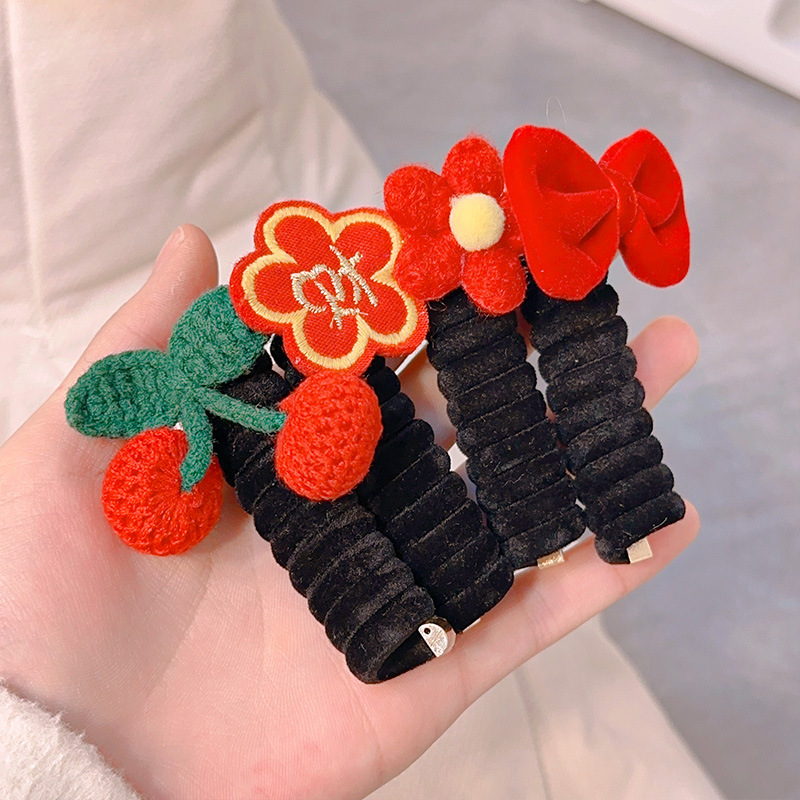 Felpa Año Nuevo accesorios para el cabello para niños línea telefónica rica banda para el cabello cuerda para el cabello Velvet Cherry Bow banda de goma banda para el cabello