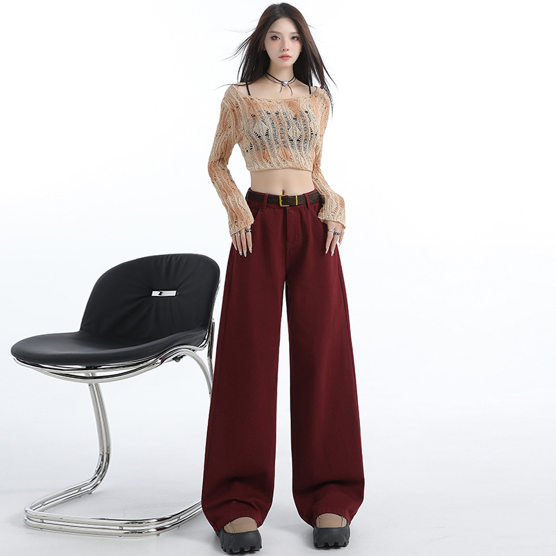 Ankela Red Wide-Leg Jeans for Women 2026 Spring New American Retro High-Waisted Loose Straight Floor-Length Pants Ankela Red Wide-Leg Jeans for Women 2026 Spring New American Retro High-Waisted Loose Straight Floor-Length Pants