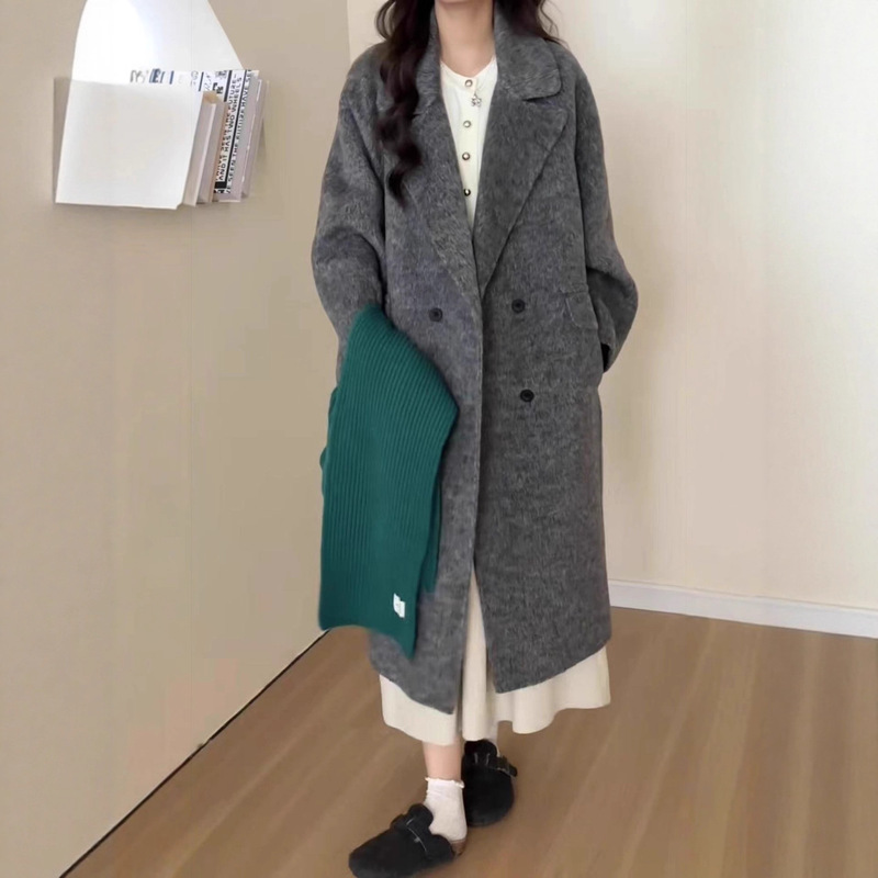 2025 New Dongdaemun Double-Sided Wool Outwear for Women, Extra Long Loose Silhouette, High-End Hepburn Style Outwear