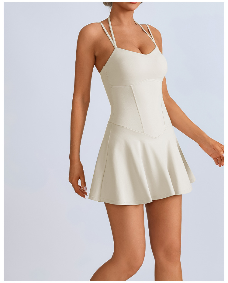 Falda de tenis de yoga con tirantes nude europea y americana transfronteriza, falda deportiva de golf de secado rápido, traje de una pieza de fitness anti-brillo