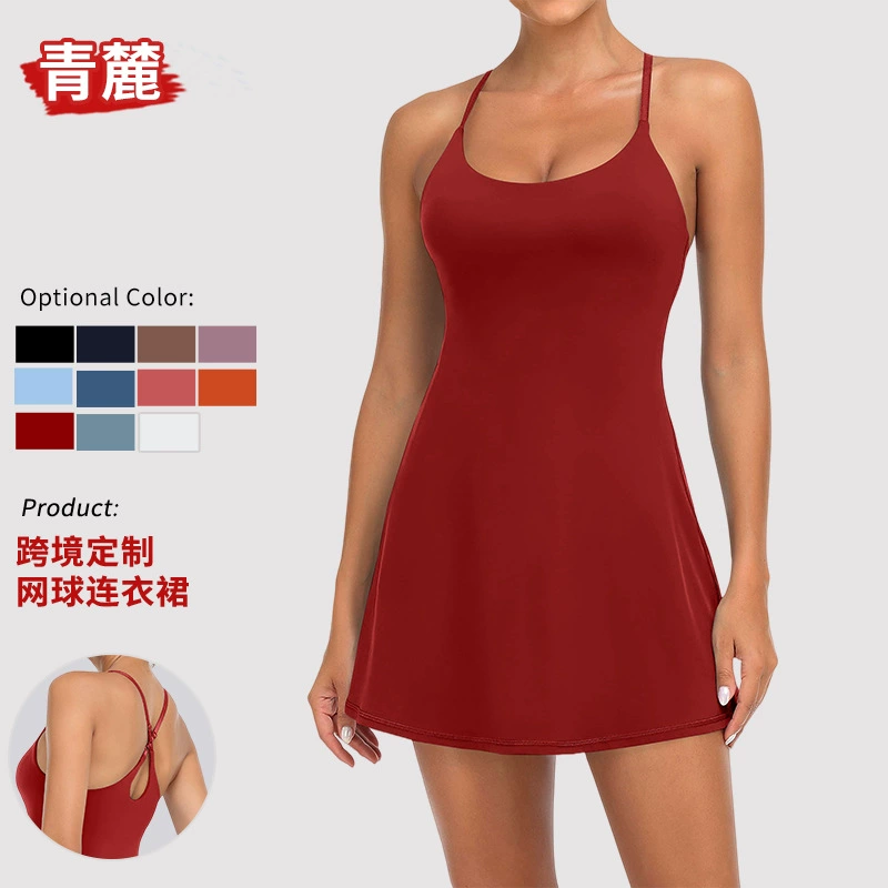 Прямые поставки с фабрики: спортивное платье с эффектом второй кожи, быстросохнущее, со съемными чашечками, летнее, хит продаж на Amazon, теннисное платье, имитация двух частей.