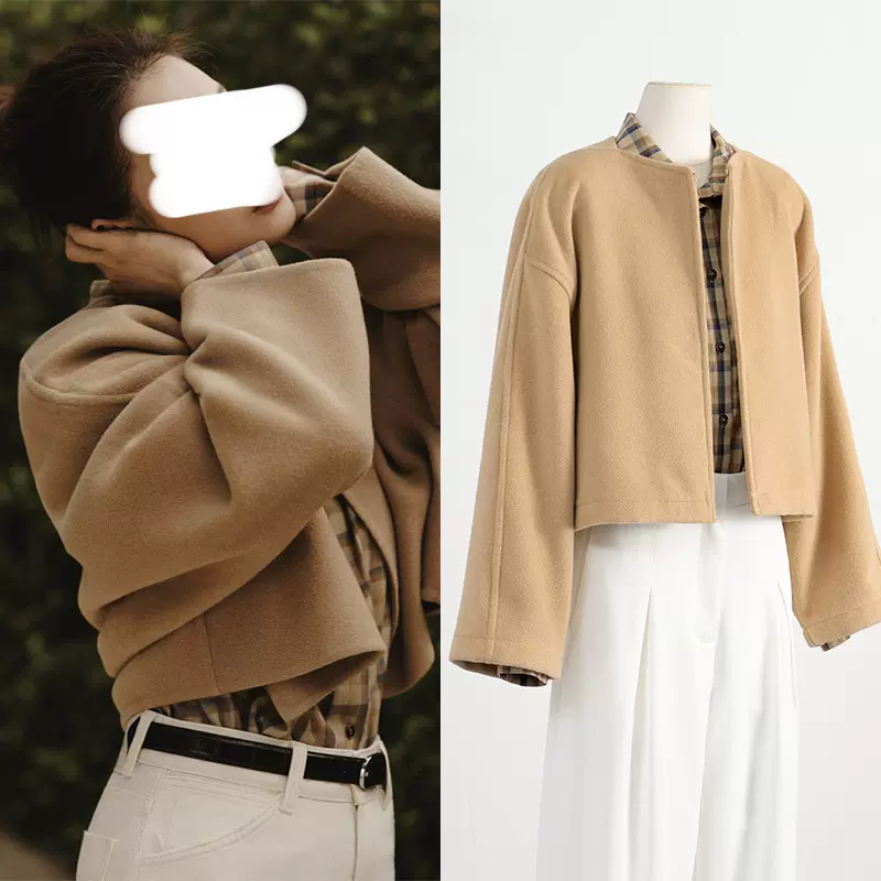 [做货中]高圆圆同款驼色羊毛混纺廓形短款毛呢外套格子衬衫套装女