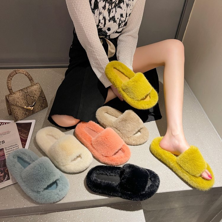 Fairy Style Fluffy Slippers Women's 2022 Autumn and Winter New Furry Home Flat Outer Wear Plush Slippers