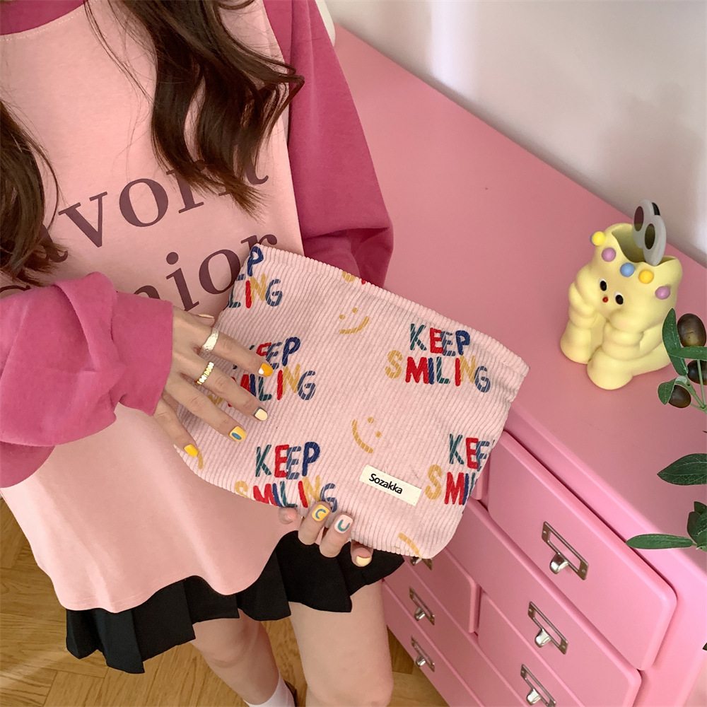 38181 New 2023 Corduroy cosmetic Bag, Letter smiley face storage, washroom clutch, Mobile phone wallet, Pen case undefined