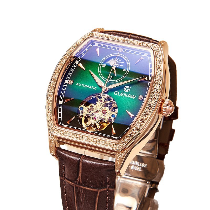 グレンの新作機械式腕時計、ムーンフェイズ、スケルトン、夜光、防水、樽型、メンズ-8168
