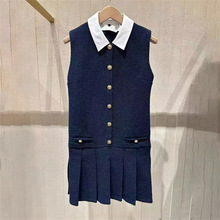 法式小众2025秋冬可拆卸翻领单排扣粗花呢百褶无袖连衣裙