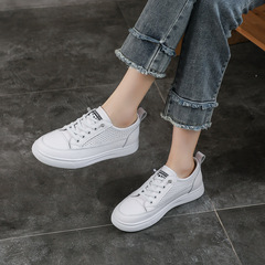 2025春夏季頭層牛皮小白鞋女平底套腳圓孔網鞋真皮透氣休閒涼鞋