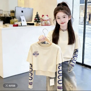 女童秋装假两套装2026秋季新款儿童印花上衣毛边三角牛仔阔腿裤潮