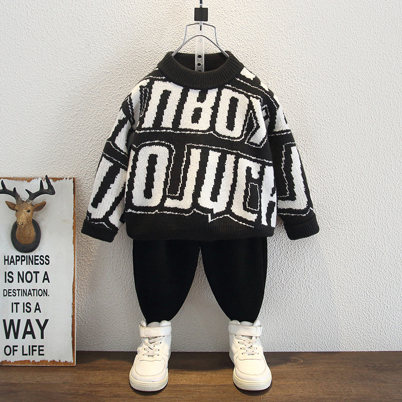 6480 suéter para niños 2025 nueva ropa de otoño e invierno para niños, guapo, camisa de fondo de lana gruesa para niños de estilo occidental de punto