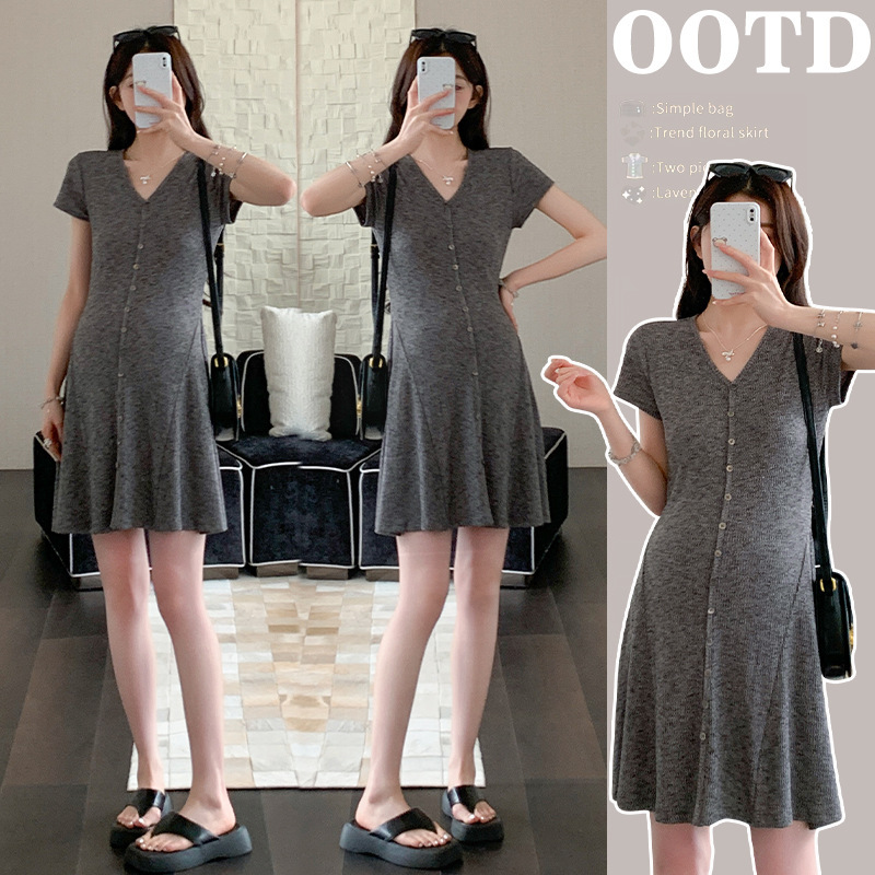 Maternity Dress, Fashionable New Style, Women's Summer Wear, High-End Style, V-Neck Gray Knitted Dress, Beautiful Dress during Pregnancy