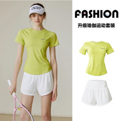 大码胖mm瑜伽服两件修身上衣运动跑步健美健身服套装t恤短裤夏季