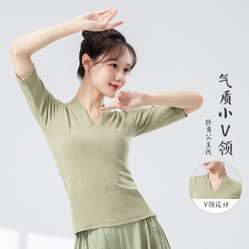 Classical Dance Practice Clothes for Women, New Style V-Neck Slim-Fitting Short-Sleeved Knitted Tops, Chinese Dance Daily Body-Building Dance Clothes