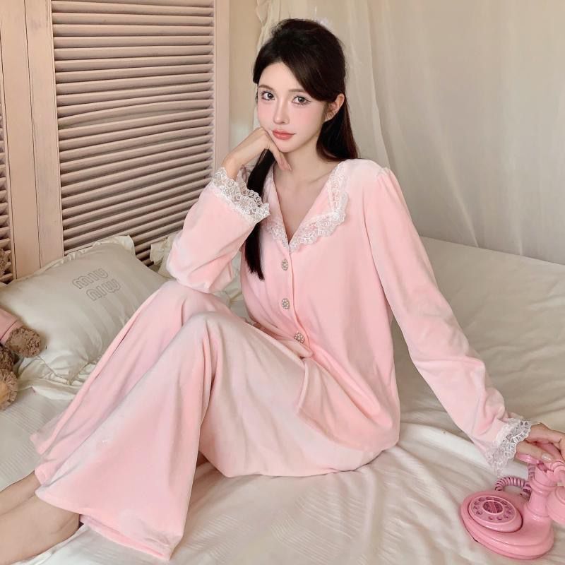 Extra large size 150kg high-end sweet lace long-sleeve set, island velvet warm Korean-style home wear set