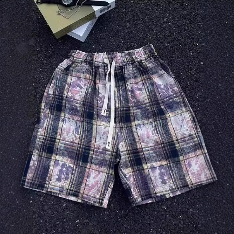 Karierte Herren-Shorts im Batik-Look – Vintage Americana Style (Blau/Grün, Polyester, atmungsaktiv, 12,7 cm Innenbeinlänge, M-3XL, Streetwear, Strandtauglich)_voghion.com