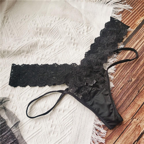 Sexy deep V# lace + ice silk sexy temptation cute thong T pants low waist women's underwear