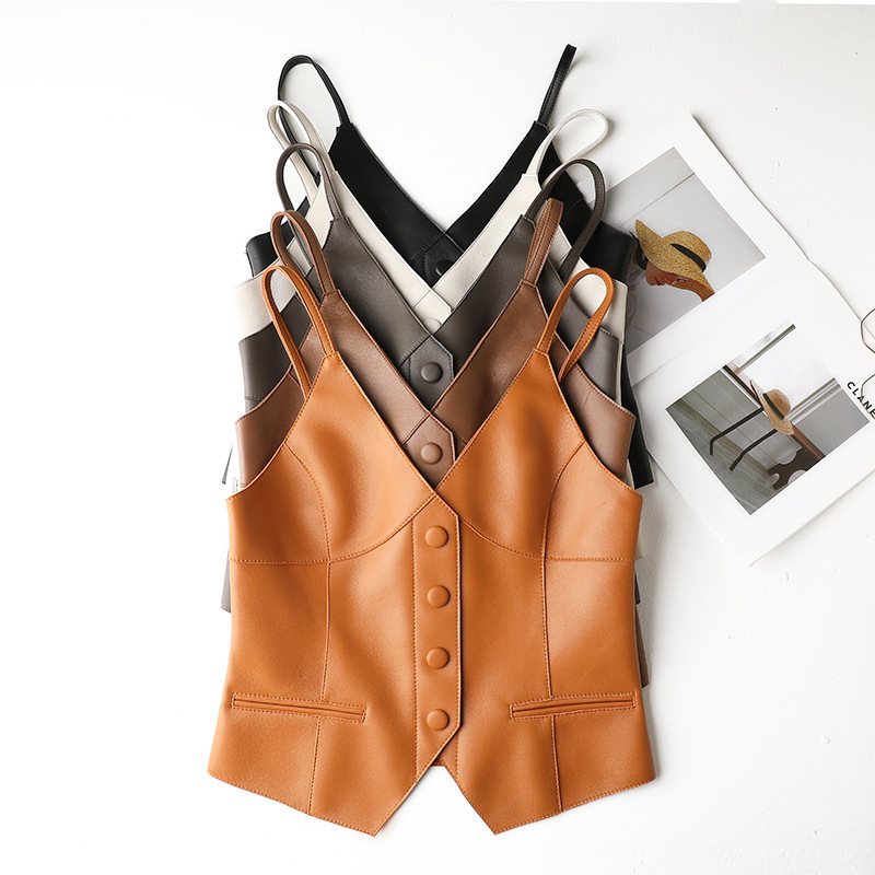 1053 Fashionable Vest Suit Vest Goatskin V Neck Outer Sleeveless Suspender Short Top Women's Genuine Leather Jacket