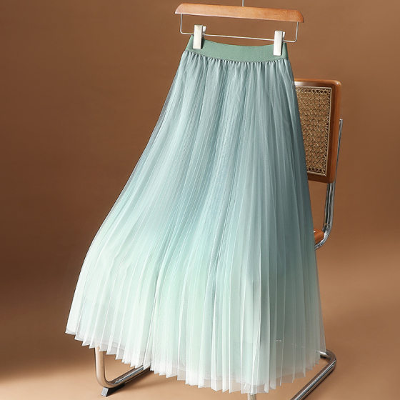 Spring, summer and autumn layered mesh gradient color skirt classic all-match pleated commuter high waist slim mid-length skirt