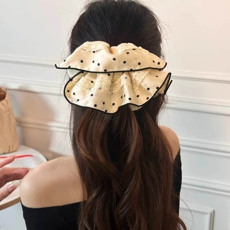 Black And White Polka Dot Satin Lace Pleated Scrunchie Elegant_voghion.com