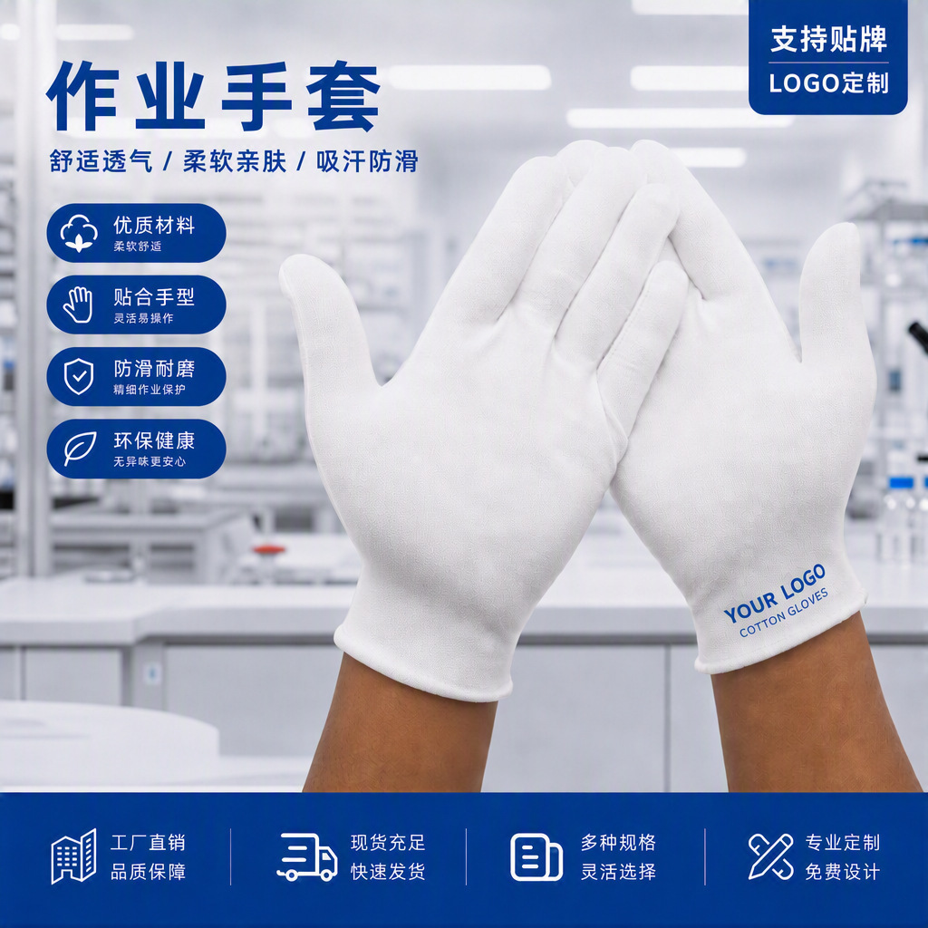 定制纯棉白手套加厚白色黑色灰色作业手套礼仪文玩质检无尘棉手套