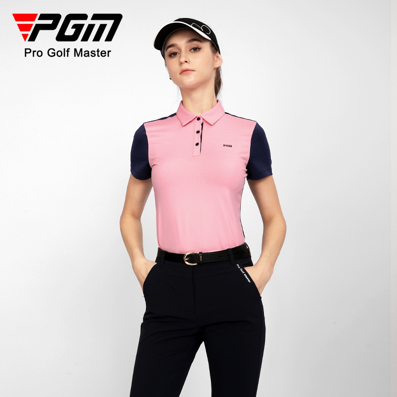 Áo thun nữ ngắn tay phối màu thể thao golf thoáng khí — YF554-Áo màu hồng, YF554-Áo màu trắng, KUZ149-Quần màu xanh nước biển, KUZ149-Quần Trắng