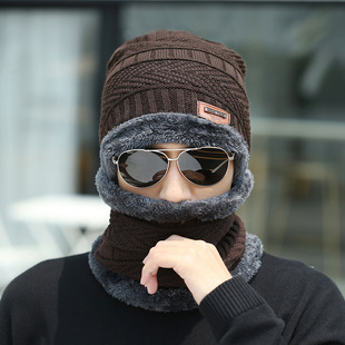 Hat men's autumn and winter wool knitted pullover cap fleece-lined thickened hat scarf two-piece knitted hat wholesale