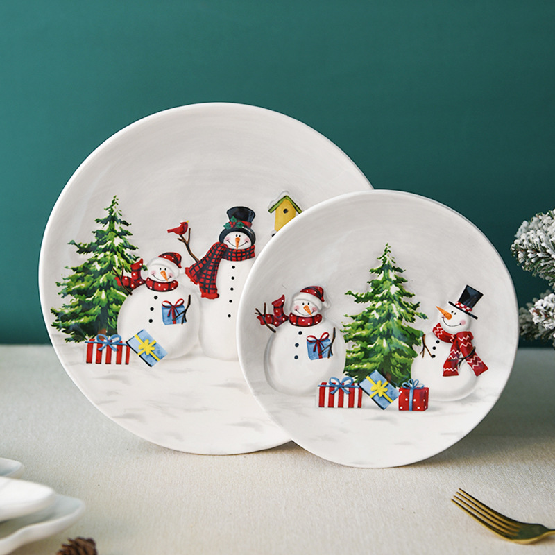 Nórdico país Navidad muñeco de nieve disco de cerámica estilo occidental plato oval postre placa hogar vajilla en relieve