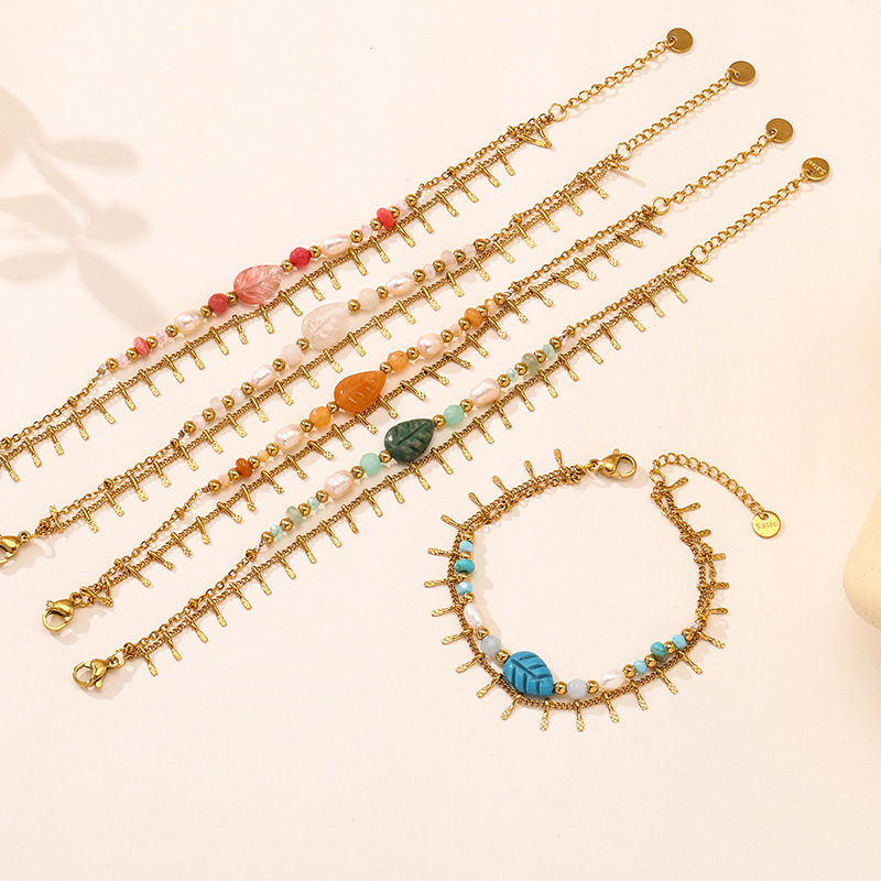 Bohemian Natural Stone Bracelet Double-Layer Stacked Foot Fork Chain Leaf Natural Pearl High-End Stainless Steel Bracelet