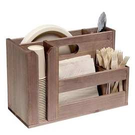 木制厨房用品收纳盒多层台面餐具整理盒实木一次性杯子勺子储物盒