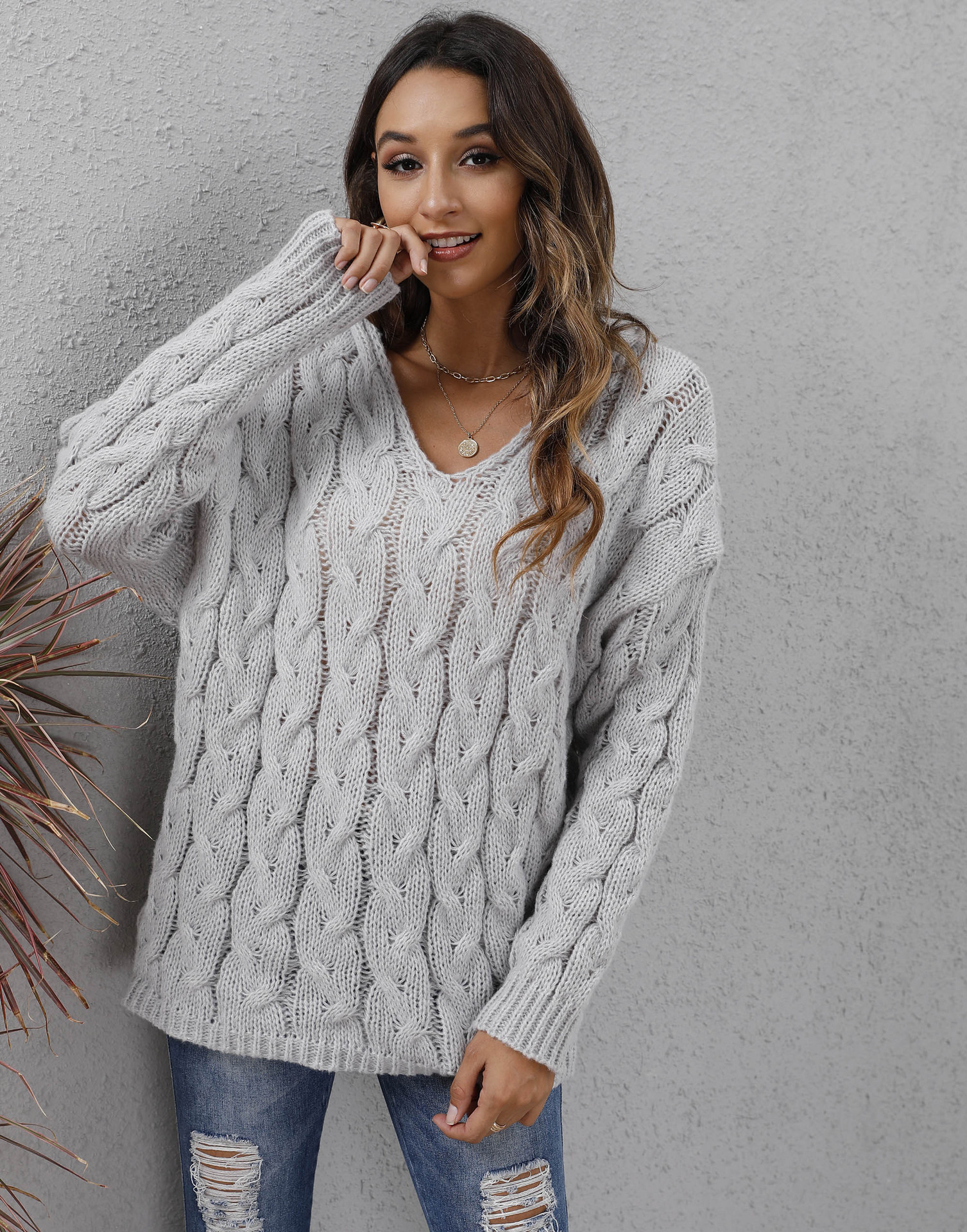  long-sleeved V-neck thick twist loose knitted hooded sweater nihaostyles wholesale clothing NSOY91115