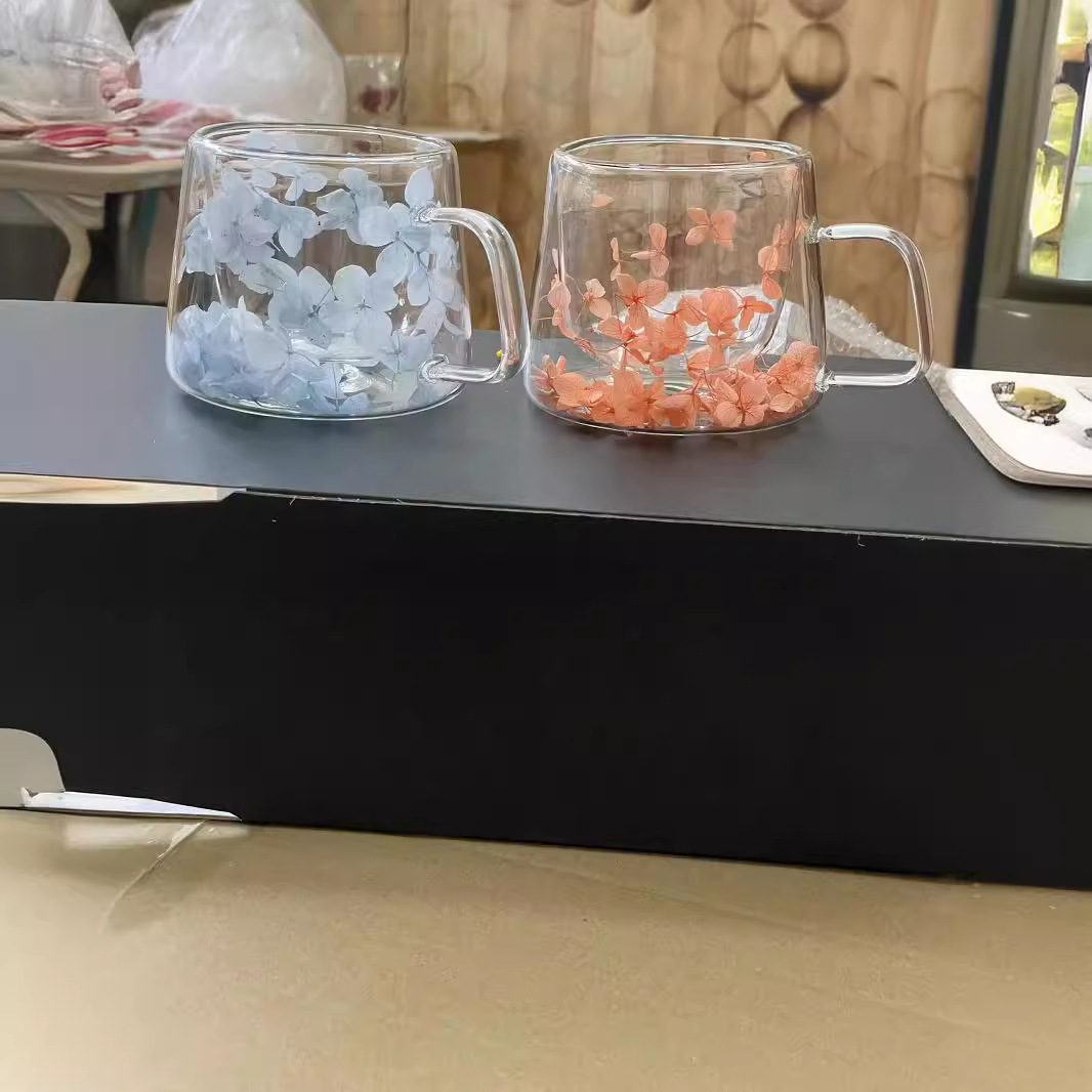 玻璃杯网红真花双层干花耐热高颜值水杯办公室家用茶杯爆款可爱杯