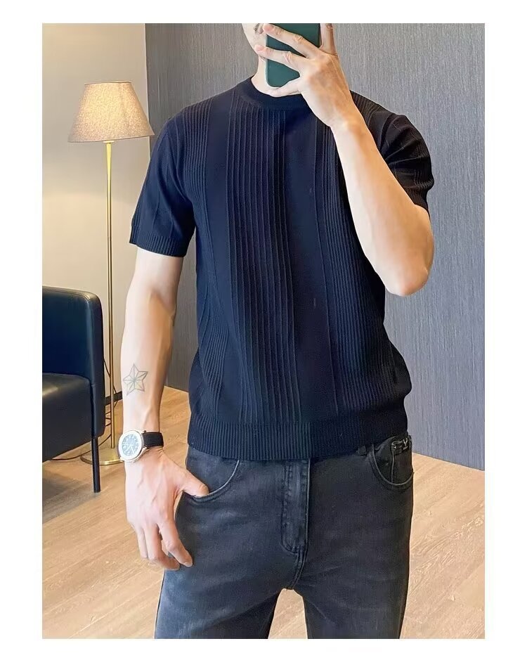 Men's Slim Fit Ice Silk Knit T-Shirt Short Sleeves Round Neck Summer Style Vertical Stripes Mature Simple Design_viptrois.com