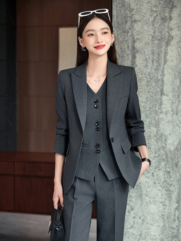 高端咖色毛呢职业西服套装女秋冬2025新款气质通勤正装马甲西服三|undefined