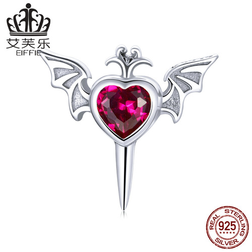 Elegant pure silver single earring with feather heart, S925 earring, single red zirconium simple heart-shaped earring accessory