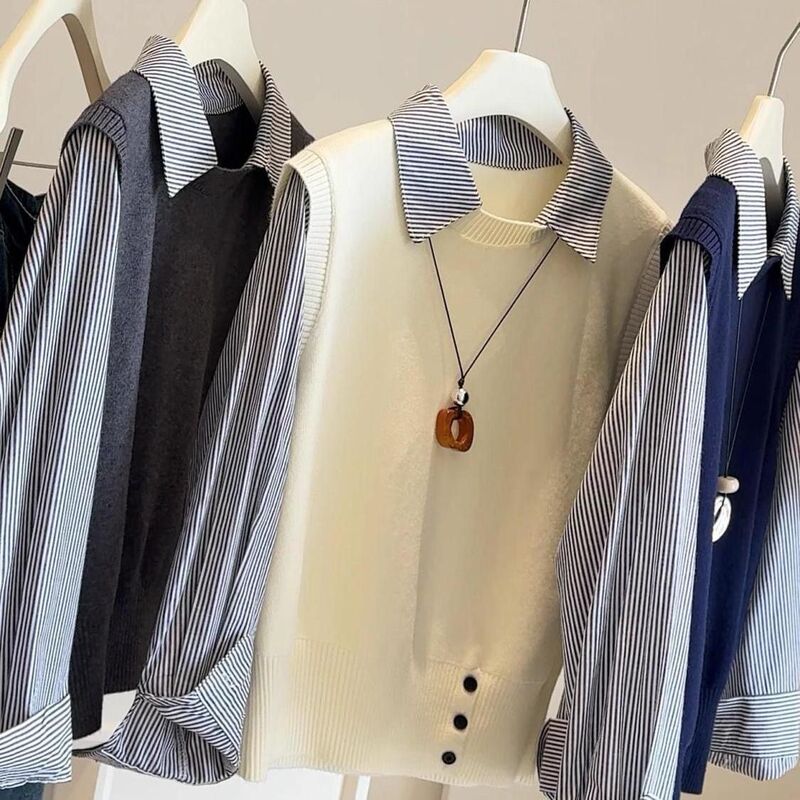 Cross-Border Faux Two-Piece Stylish 2026 New French-Style Patchwork Knitted Striped Shirt for Women, Long-Sleeve Base Layer Design Cross-Border Faux Two-Piece Stylish 2026 New French-Style Patchwork Knitted Striped Shirt for Women, Long-Sleeve Base Layer Design