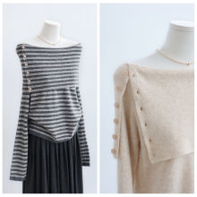 曼陀罗绒露肩一字领慵懒长袖针织衫秋冬韩版条纹毛衣套头上衣新品