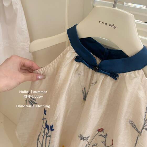Korean Style Girl's Embroidered Flower Flower Bracts Dress 2025 Summer Contrast Shoulder Cut Female Baby's Neck Collar dress Fashion