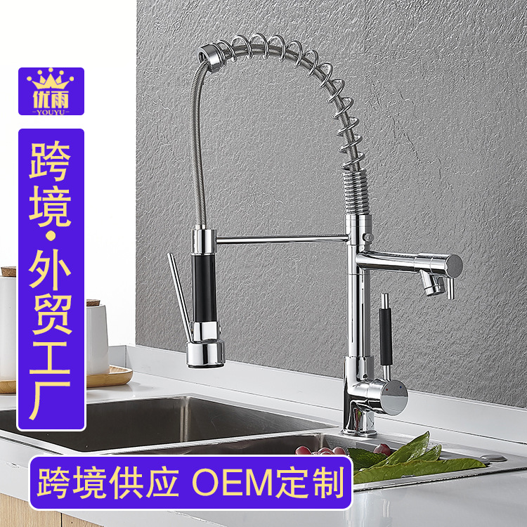 跨境抽拉弹簧厨房冷热水龙头水槽双功能双出水洗菜盆可旋转水龙头