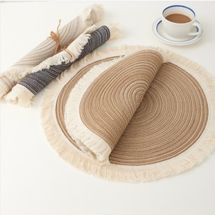Scandinavian Cross-Border Ramie Western Food Mat Bowl Mat Tea Mat Tassel Edge Beard Cotton Gauze Insulated Dish Mat Dinner Plate Mat Round Placemat