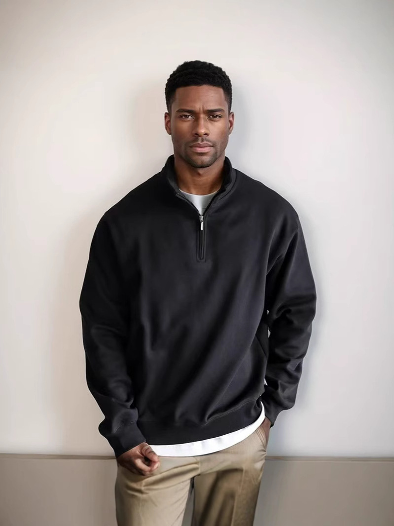 Europa y los Estados Unidos pesados 500g medio cremallera cuello Boxy suéter gris limpio ajuste americano para hombres y mujeres otoño y invierno