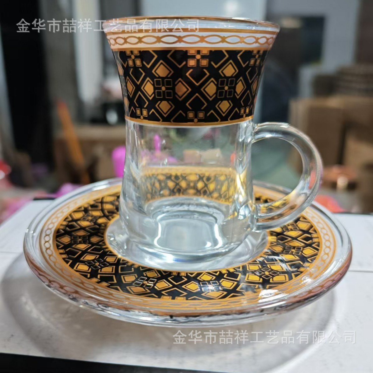 Nuevo producto transfronterizo Taza de café creativa con manija Spot Taza de agua de vidrio de flor dorada transparente resistente a altas temperaturas Taza de café con leche